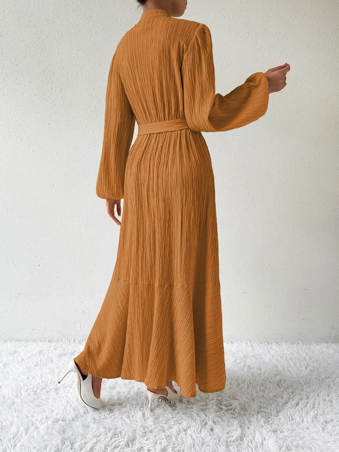Elegant Pleated Maxi Dress | Belted & Buttoned Style