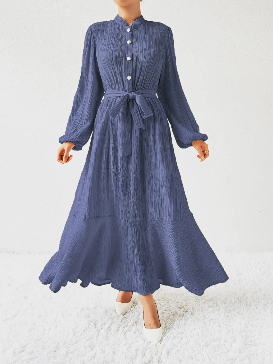 Elegant Pleated Maxi Dress | Belted & Buttoned Style