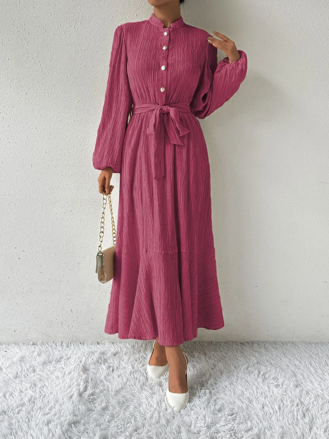 Elegant Pleated Maxi Dress | Belted & Buttoned Style