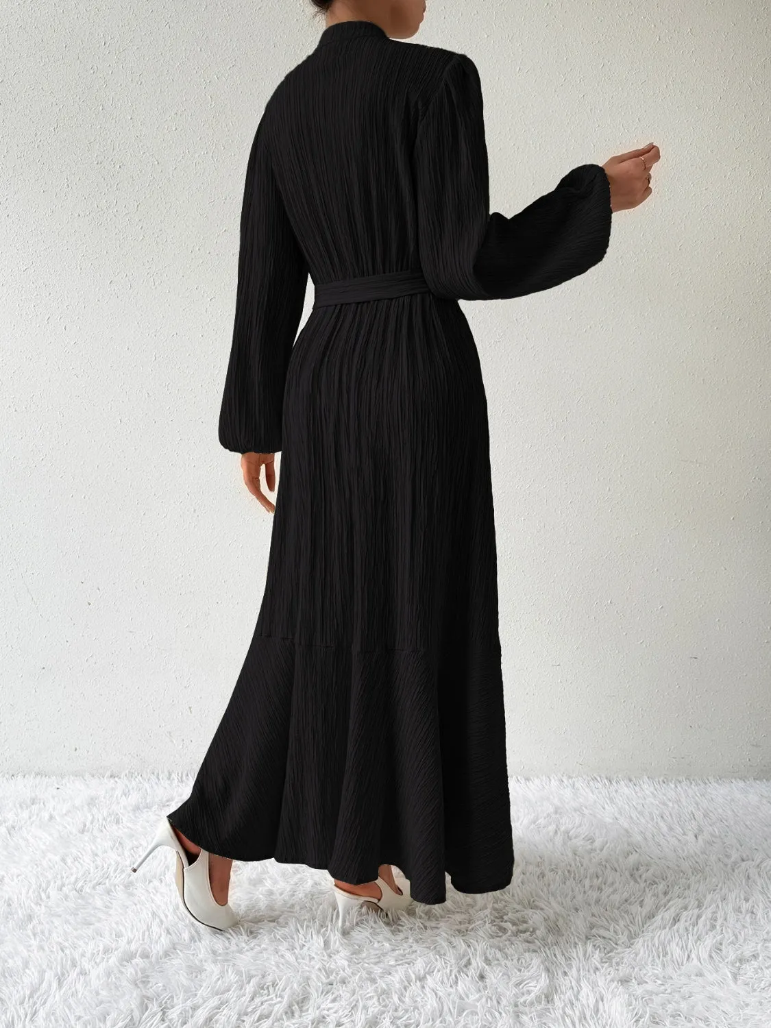 Elegant Pleated Maxi Dress | Belted & Buttoned Style