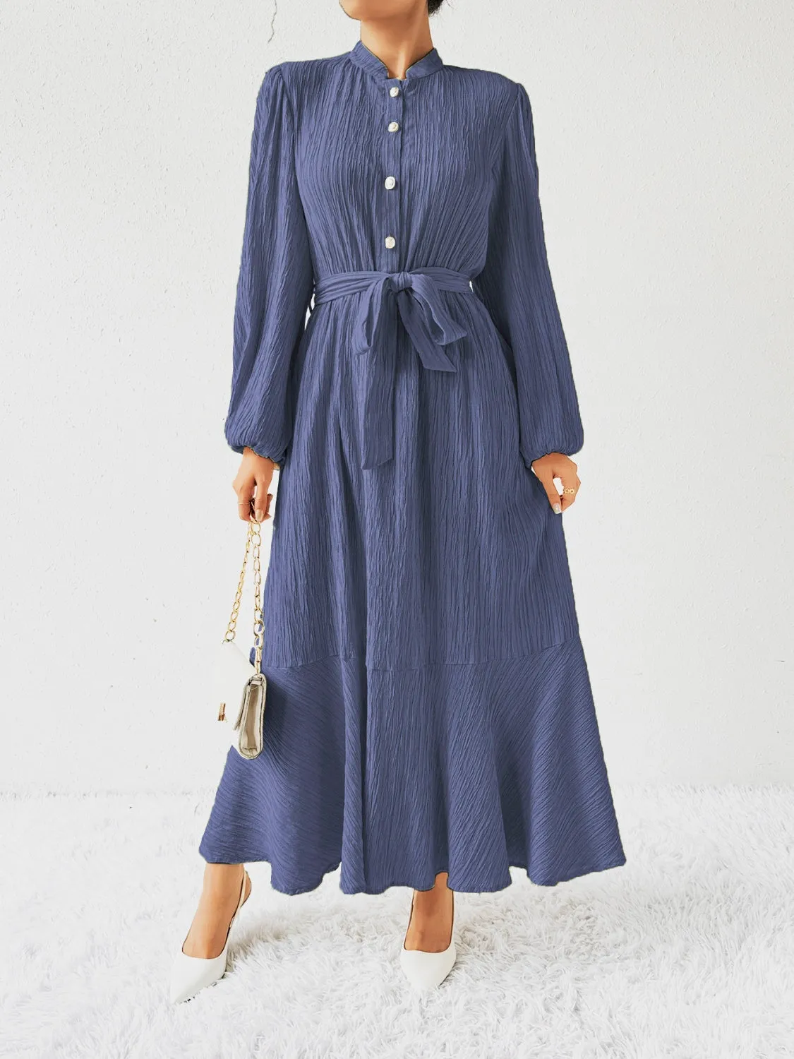 Elegant Pleated Maxi Dress | Belted & Buttoned Style