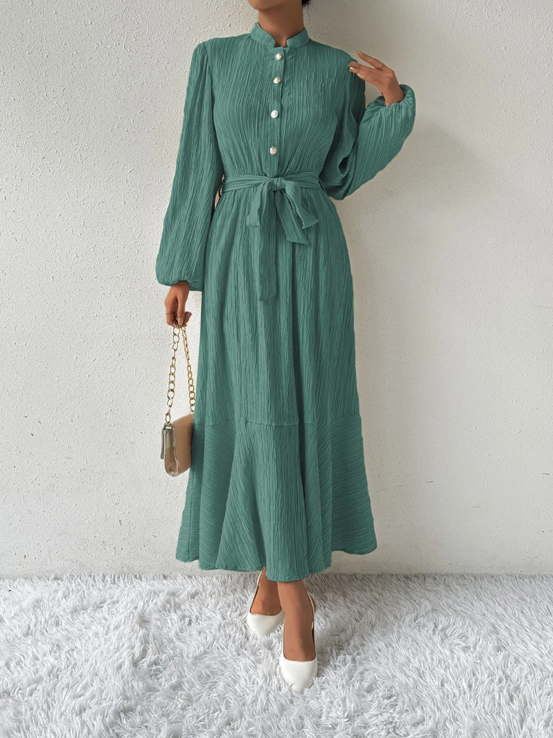 Elegant Pleated Maxi Dress | Belted & Buttoned Style