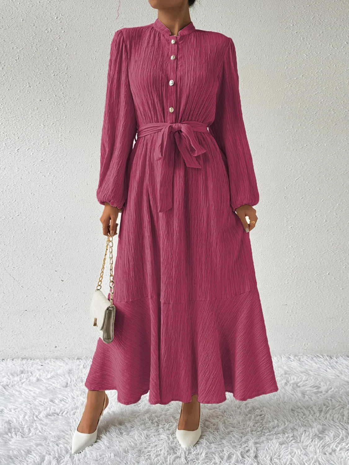 Elegant Pleated Maxi Dress | Belted & Buttoned Style