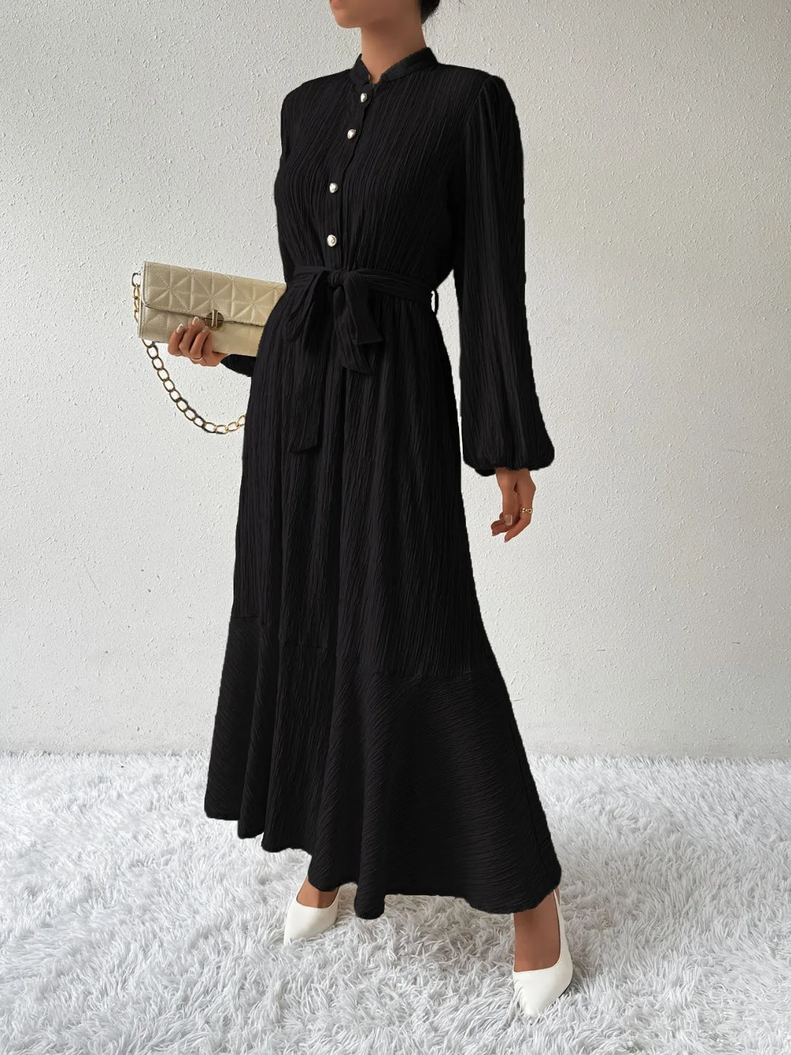 Elegant Pleated Maxi Dress | Belted & Buttoned Style