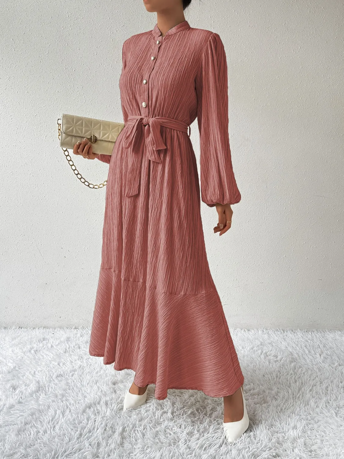 Elegant Pleated Maxi Dress | Belted & Buttoned Style
