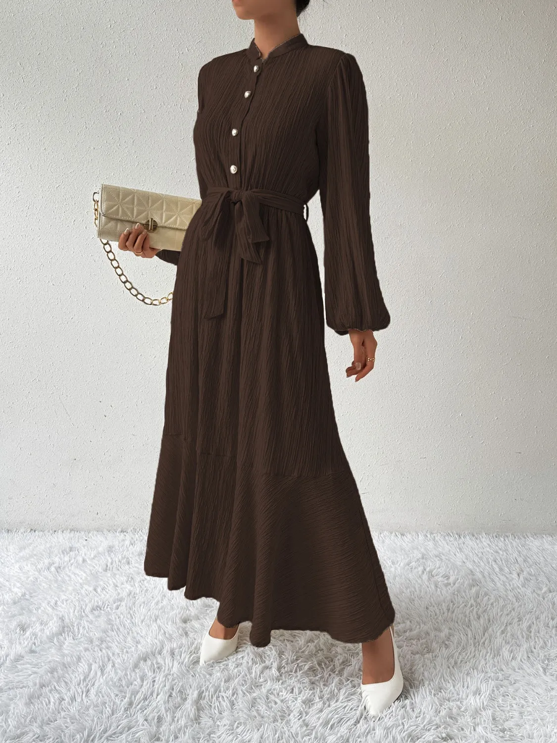 Elegant Pleated Maxi Dress | Belted & Buttoned Style