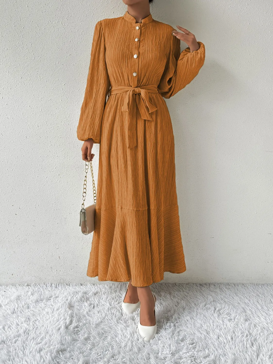Elegant Pleated Maxi Dress | Belted & Buttoned Style