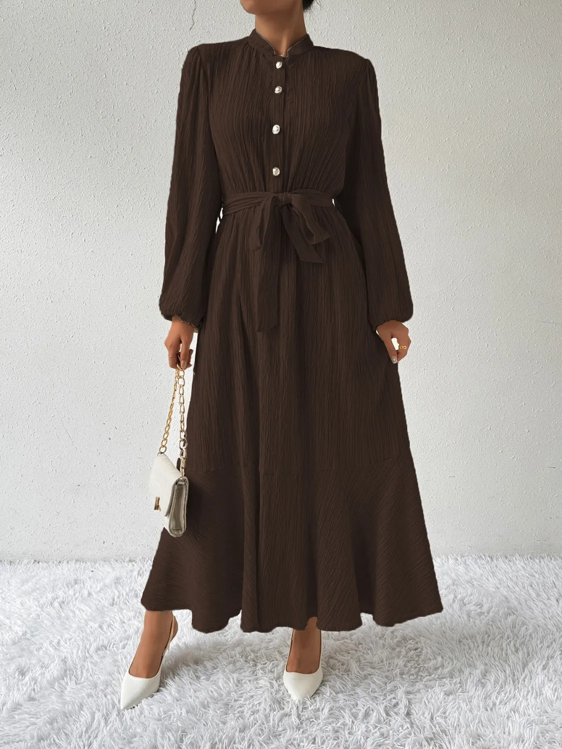 Elegant Pleated Maxi Dress | Belted & Buttoned Style