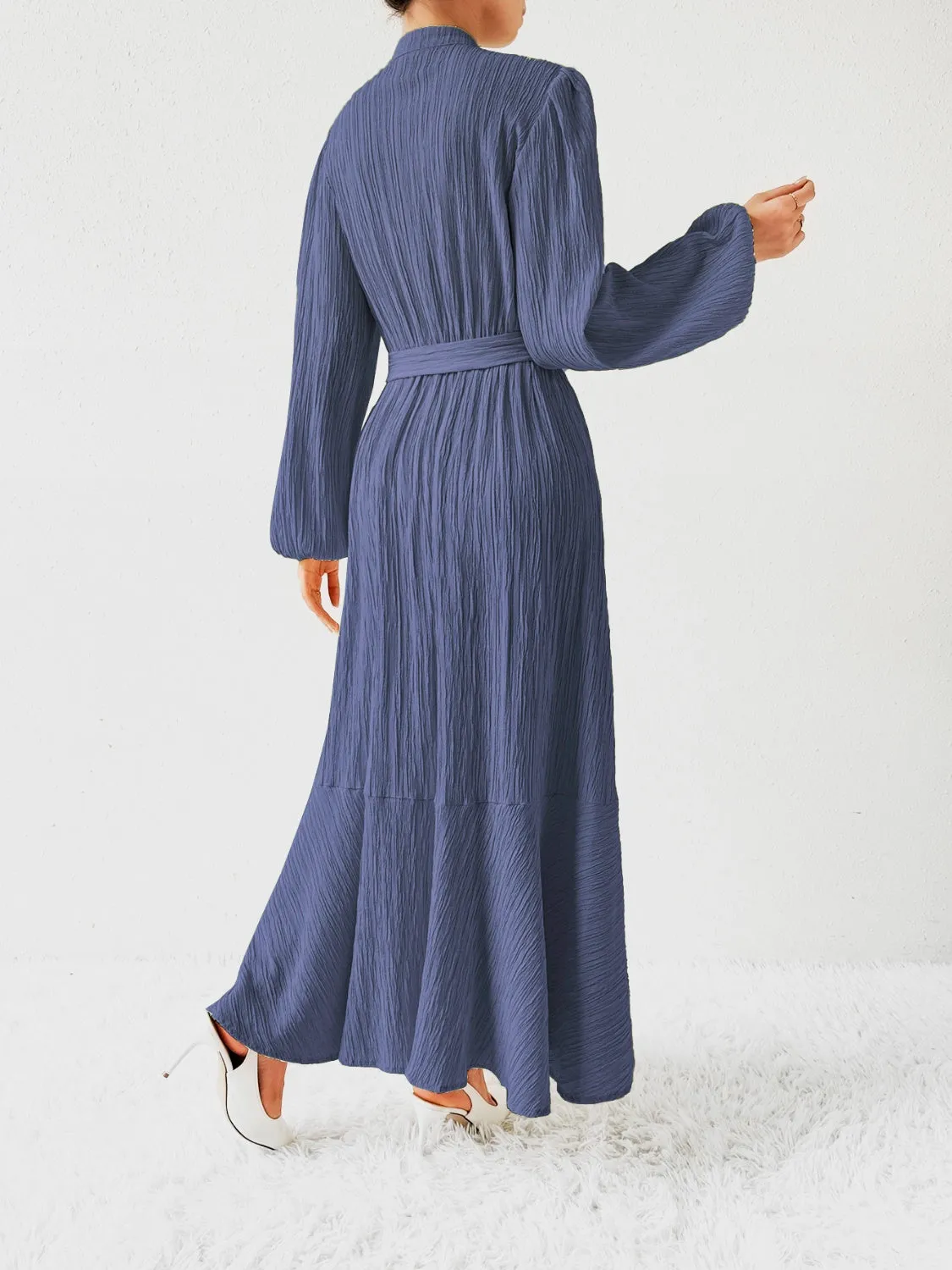 Elegant Pleated Maxi Dress | Belted & Buttoned Style