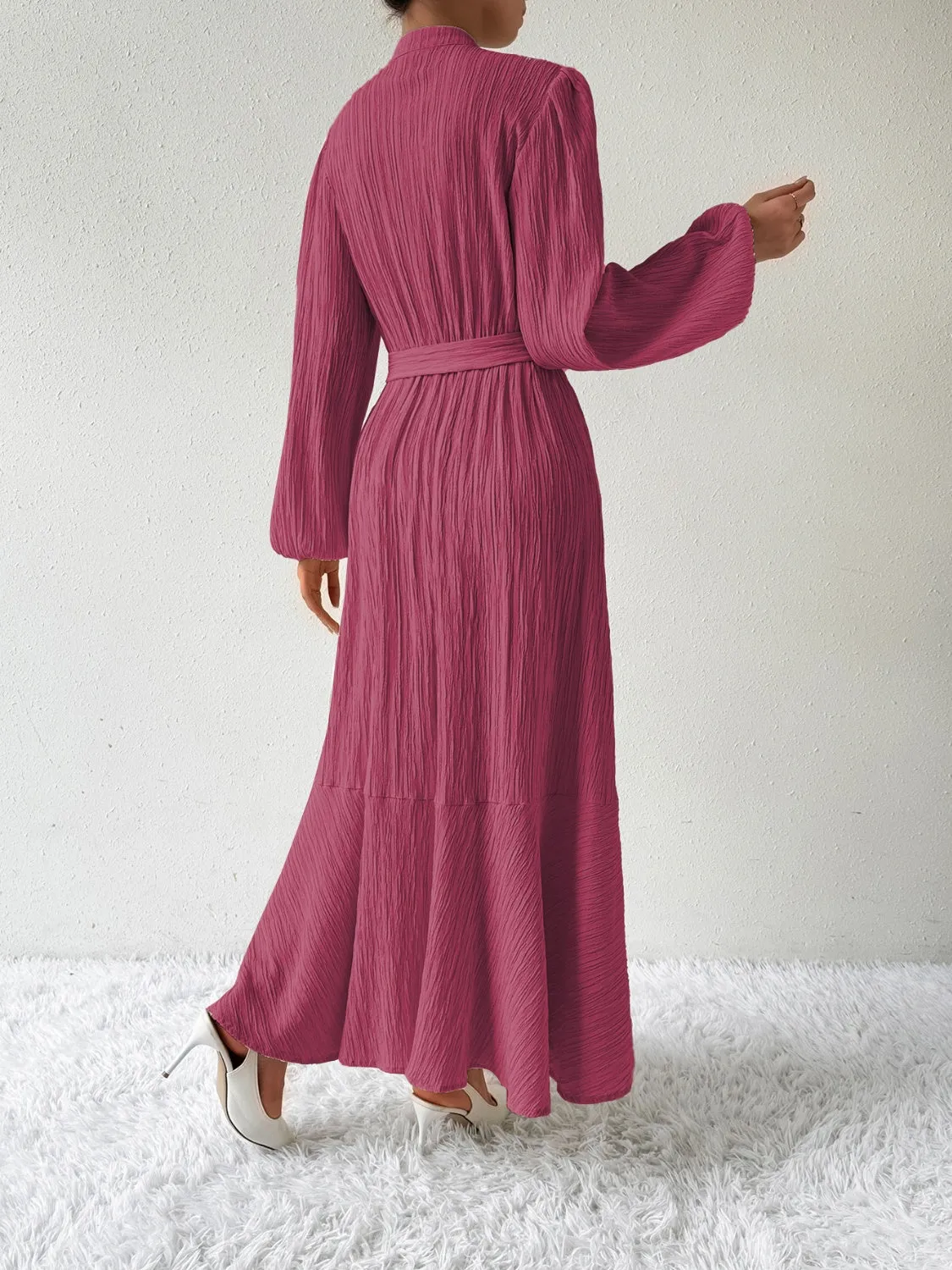 Elegant Pleated Maxi Dress | Belted & Buttoned Style