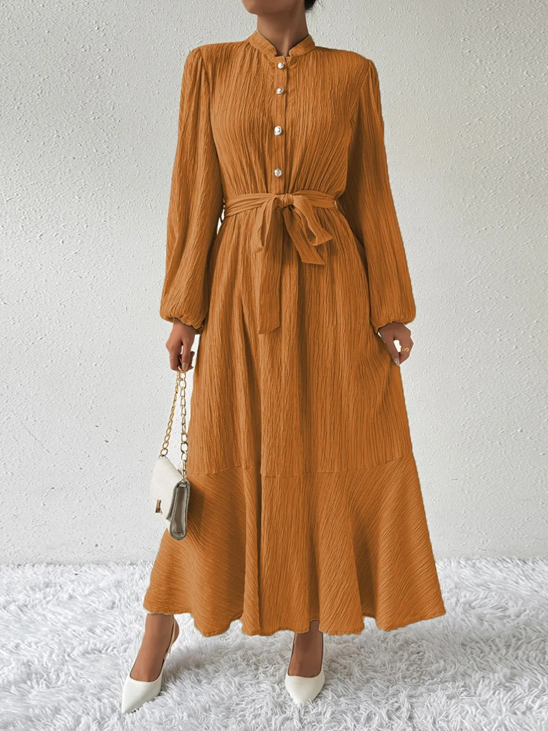 Elegant Pleated Maxi Dress | Belted & Buttoned Style