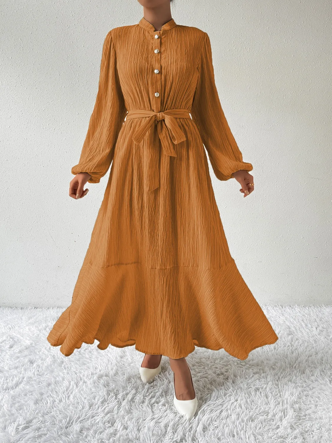 Elegant Pleated Maxi Dress | Belted & Buttoned Style