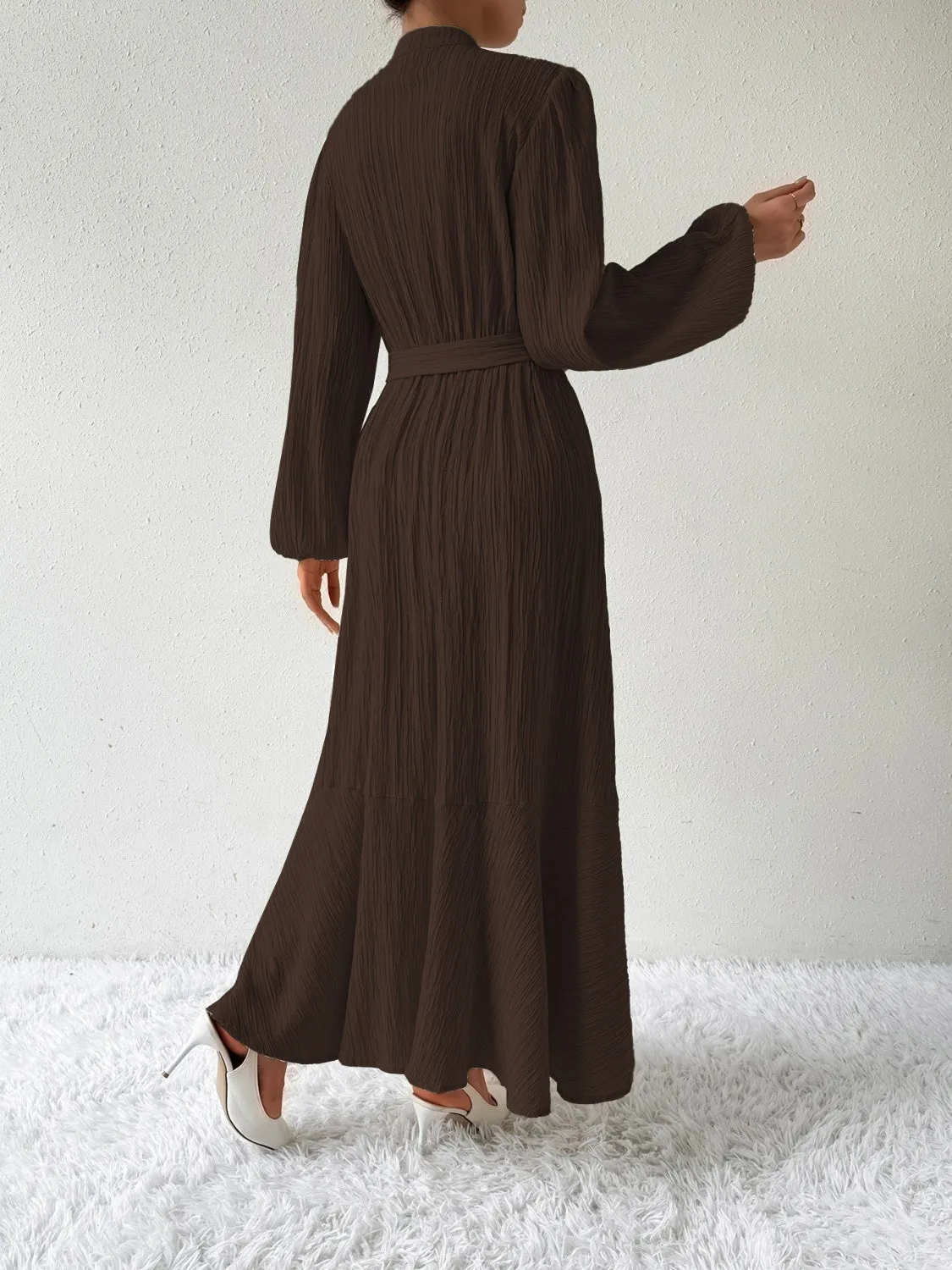 Elegant Pleated Maxi Dress | Belted & Buttoned Style