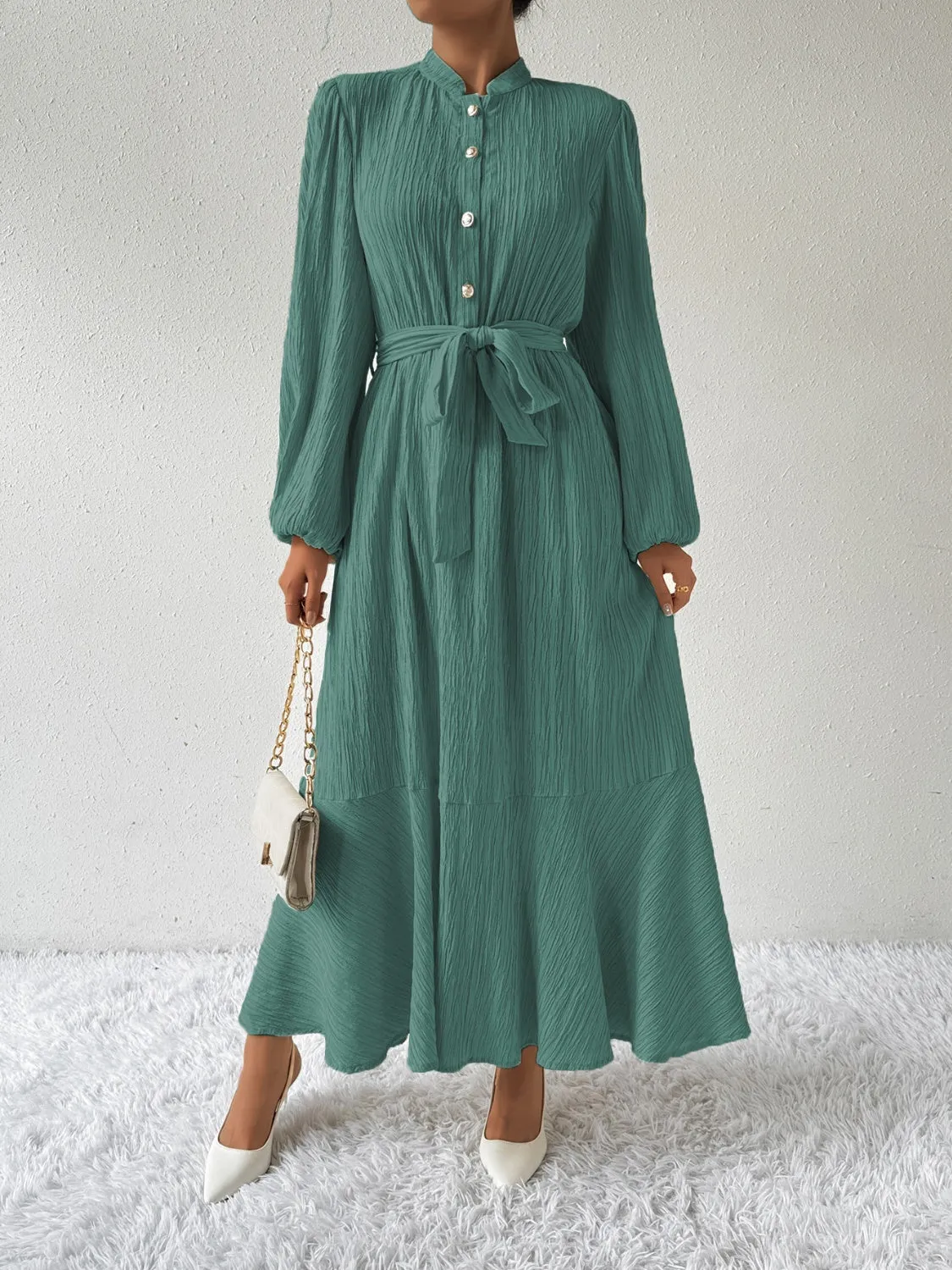 Elegant Pleated Maxi Dress | Belted & Buttoned Style