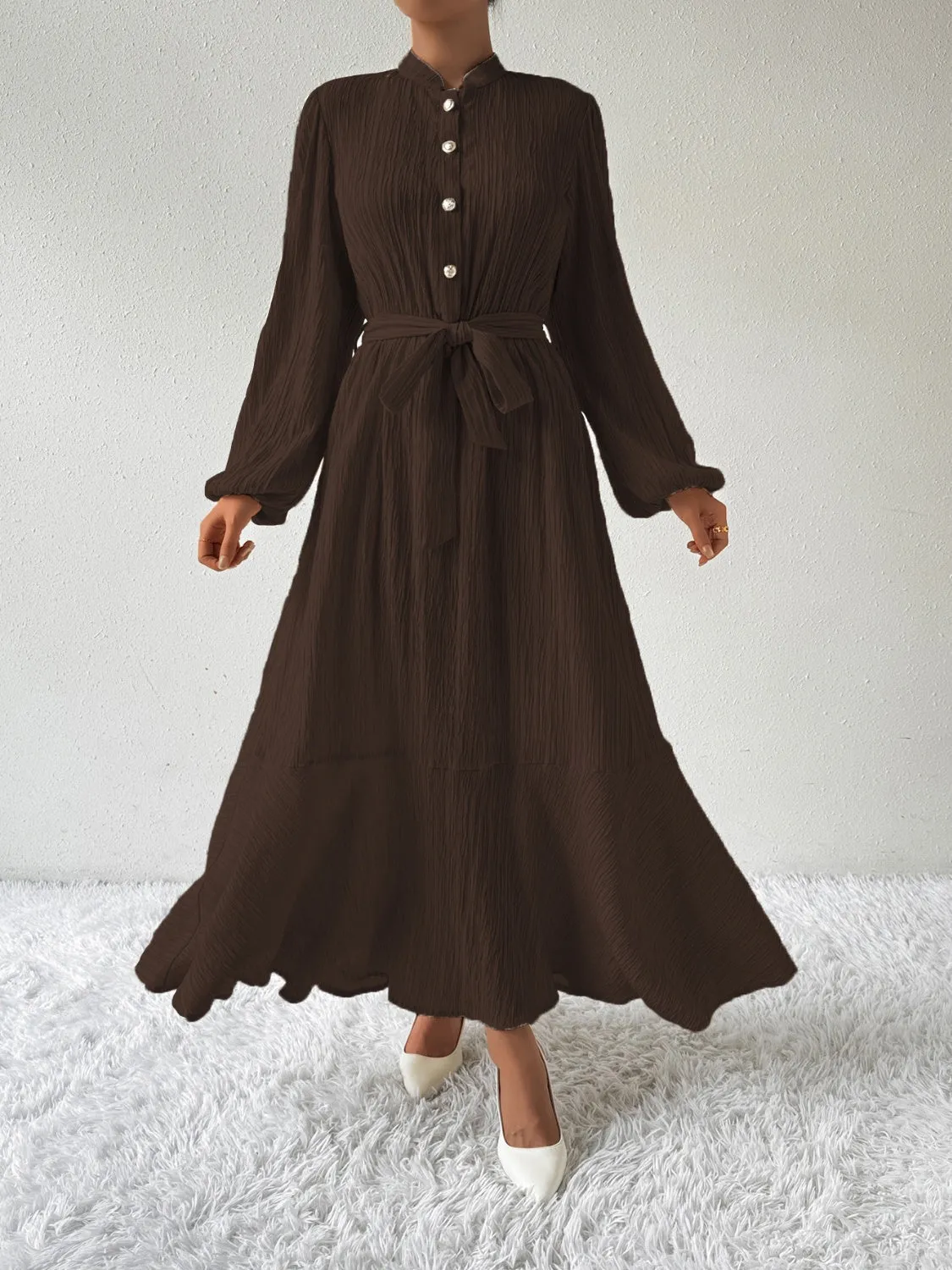 Elegant Pleated Maxi Dress | Belted & Buttoned Style