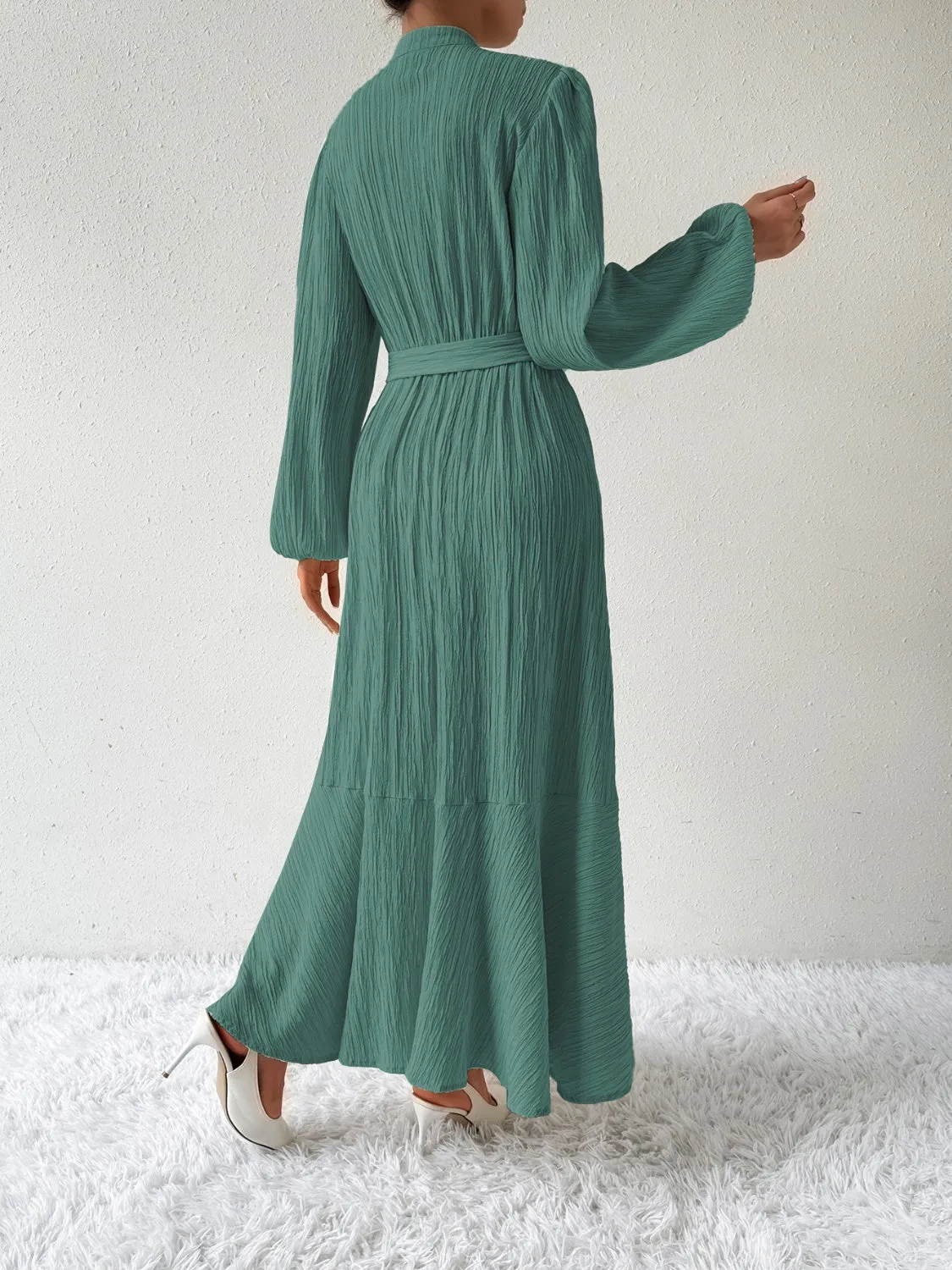 Elegant Pleated Maxi Dress | Belted & Buttoned Style