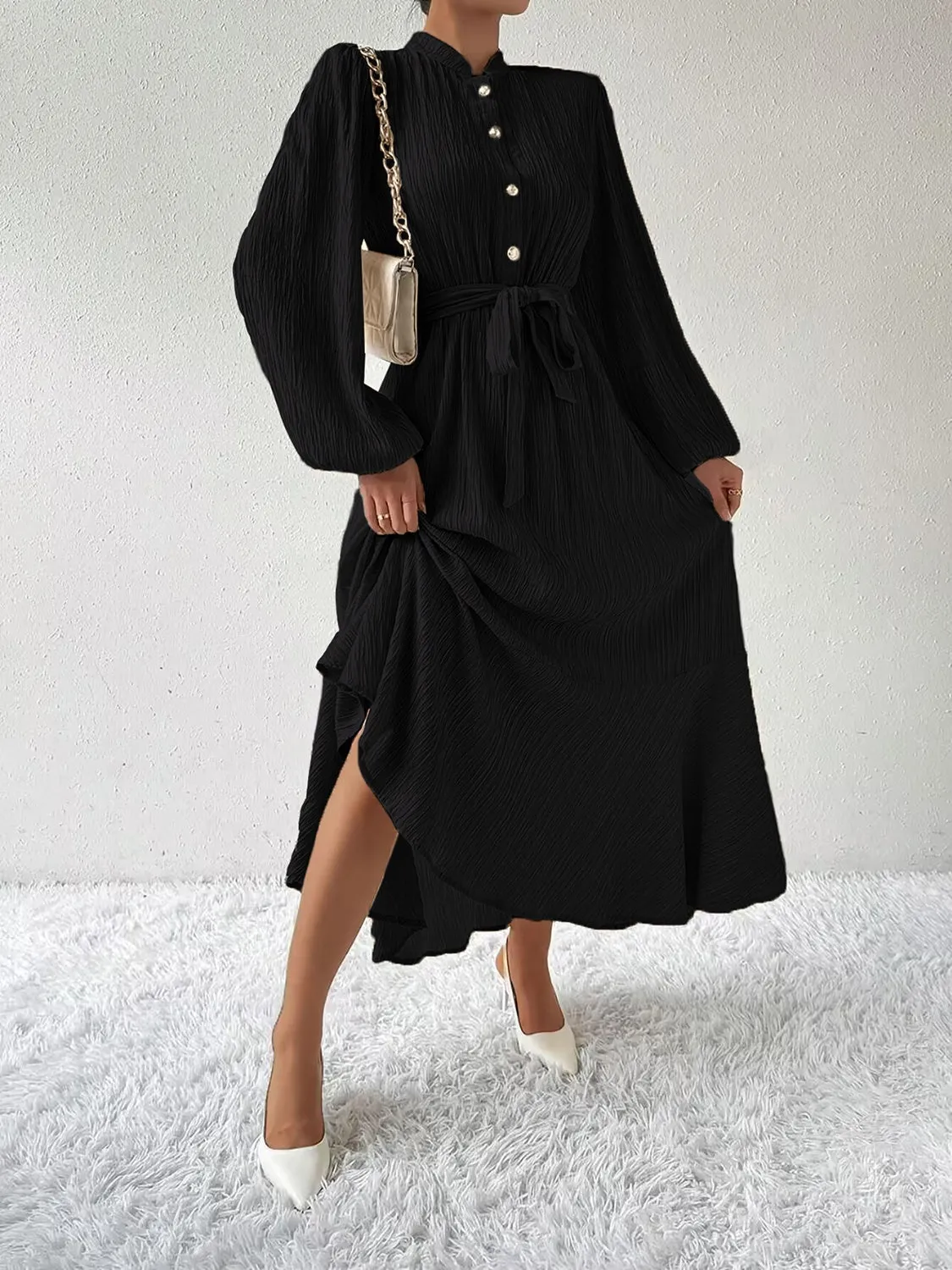 Elegant Pleated Maxi Dress | Belted & Buttoned Style