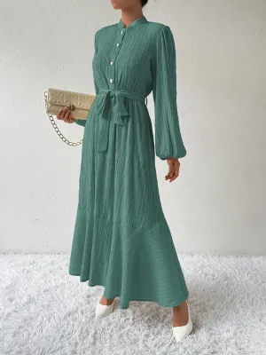 Elegant Pleated Maxi Dress | Belted & Buttoned Style