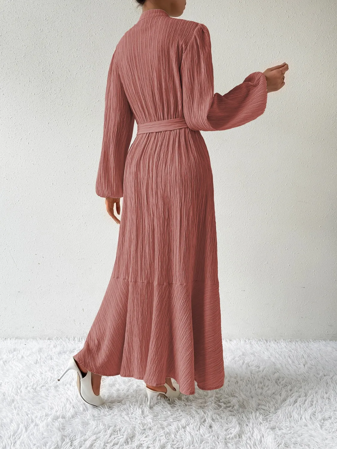 Elegant Pleated Maxi Dress | Belted & Buttoned Style