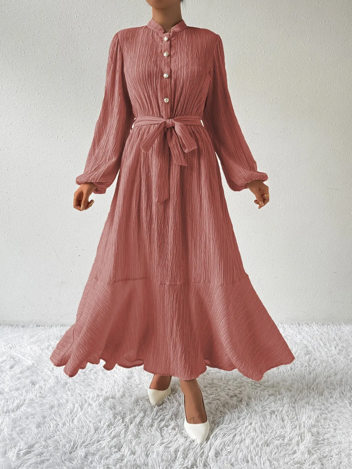 Elegant Pleated Maxi Dress | Belted & Buttoned Style