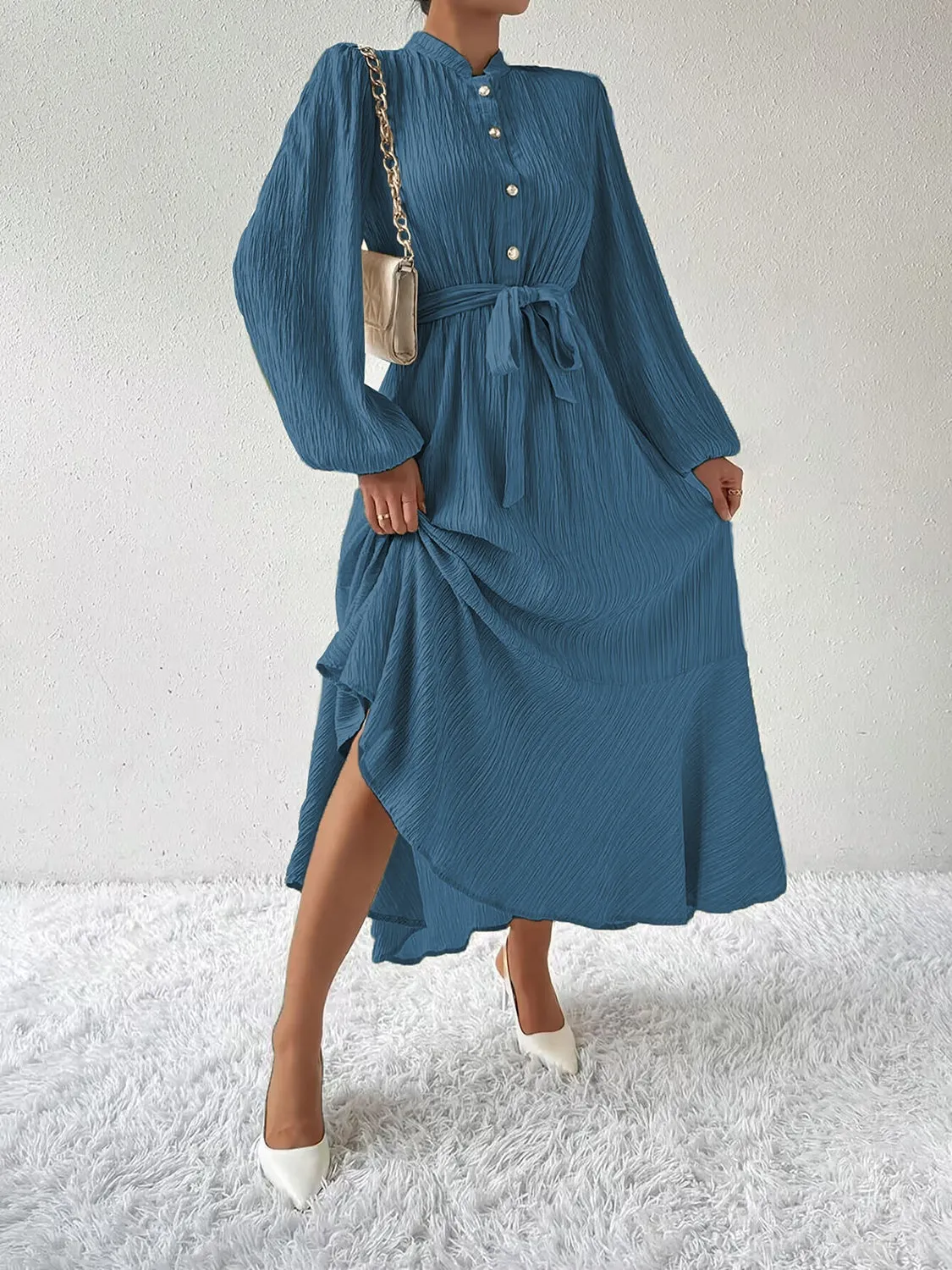 Elegant Pleated Maxi Dress | Belted & Buttoned Style
