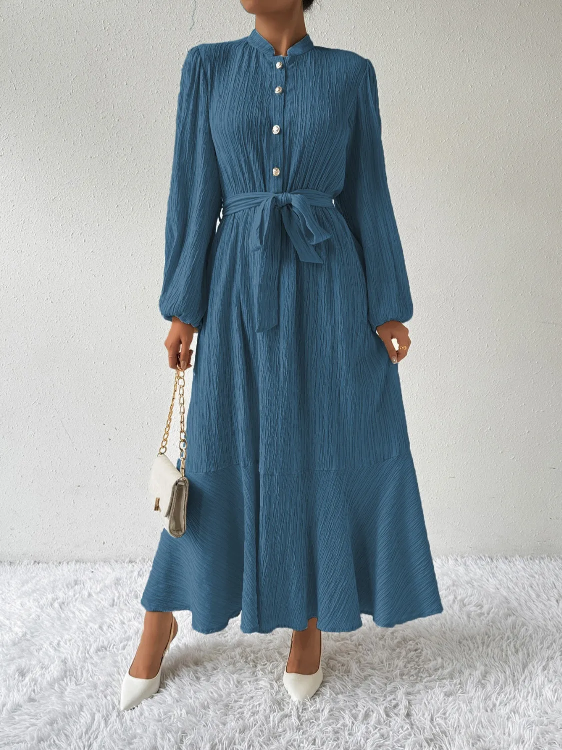 Elegant Pleated Maxi Dress | Belted & Buttoned Style