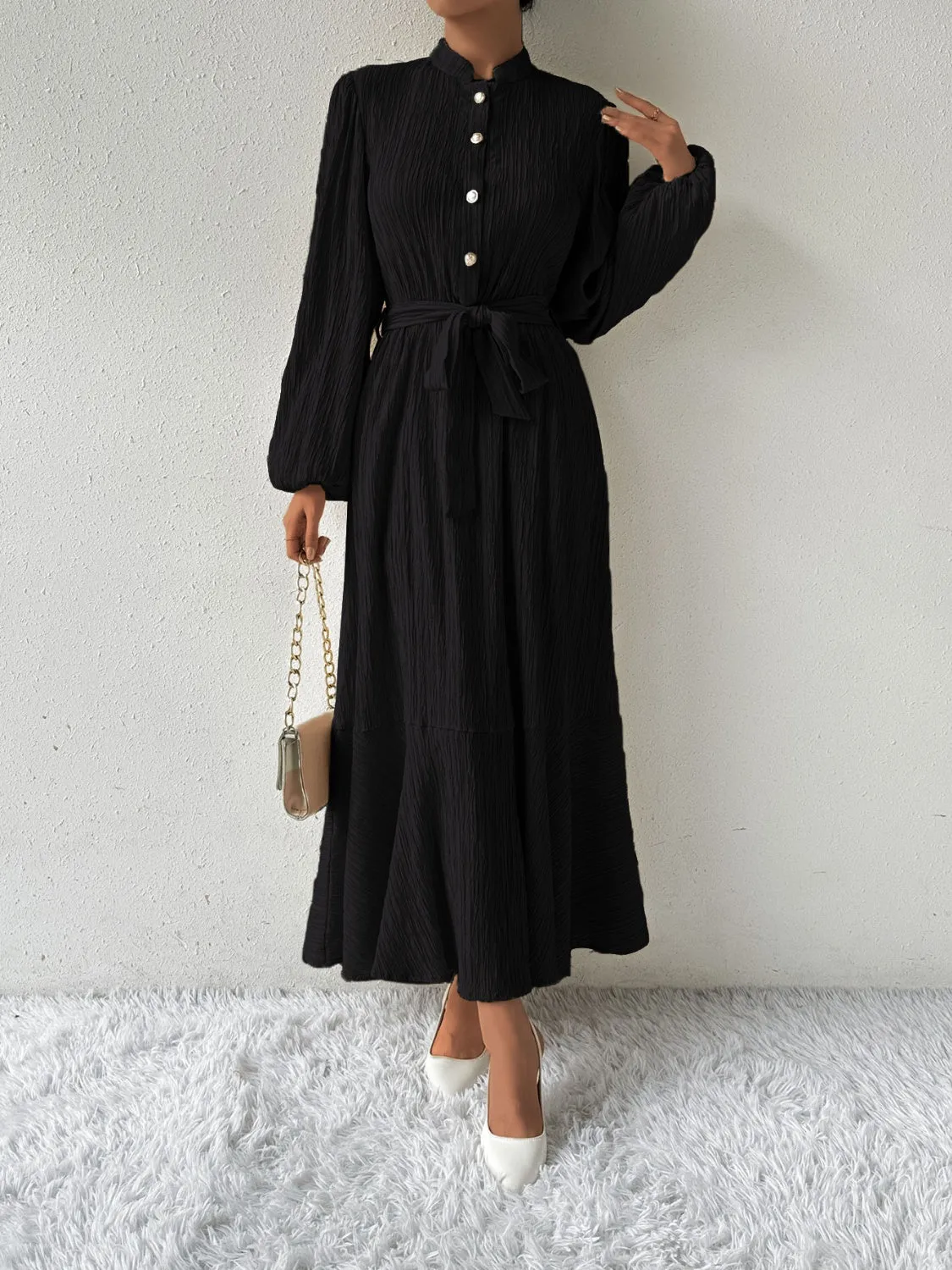 Elegant Pleated Maxi Dress | Belted & Buttoned Style