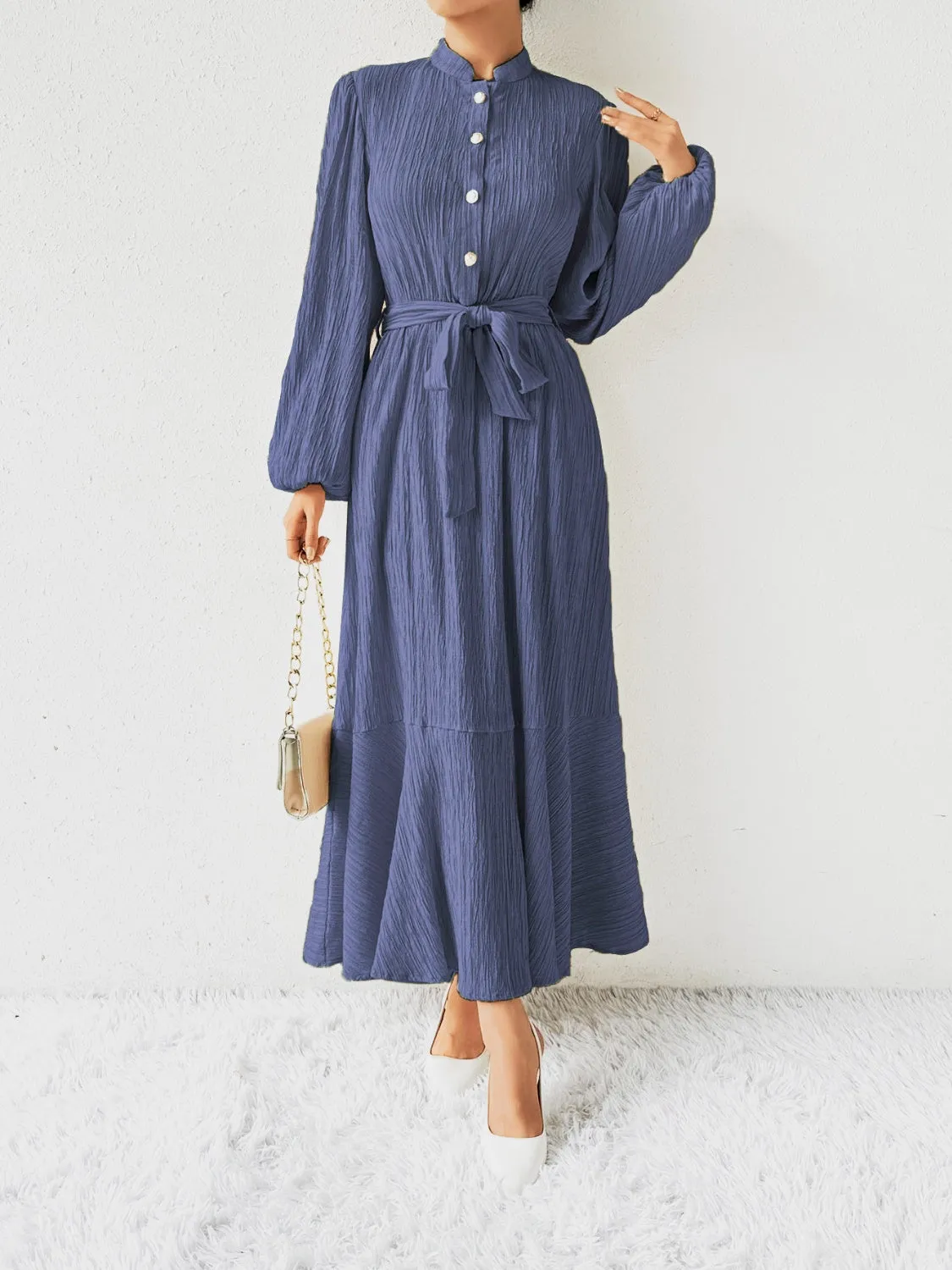 Elegant Pleated Maxi Dress | Belted & Buttoned Style