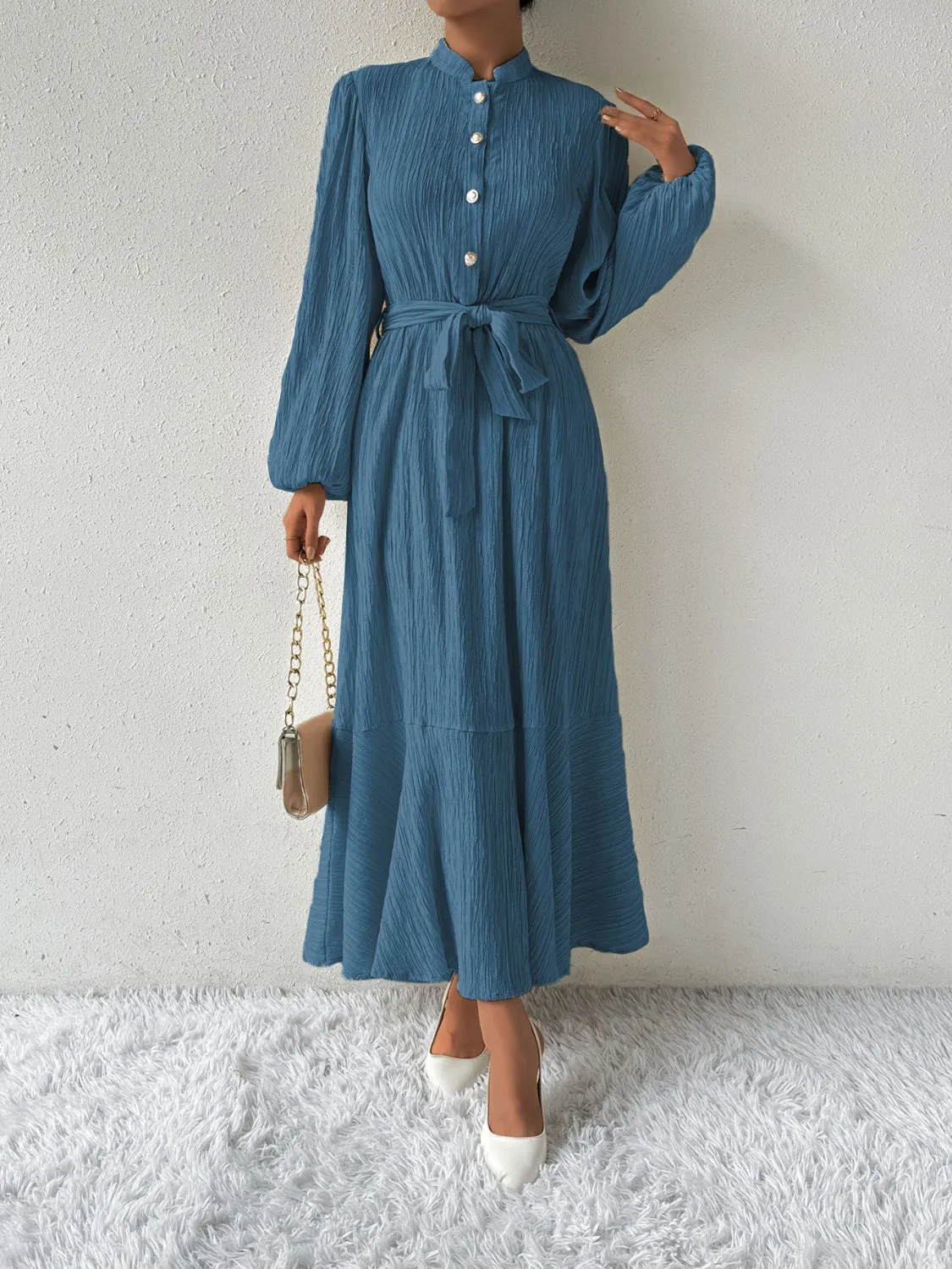 Elegant Pleated Maxi Dress | Belted & Buttoned Style