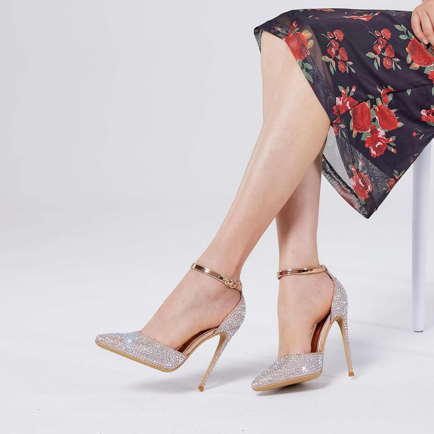 Elisabet Tang High Heels, Women Pumps D'Orsay Ankle Strap Pointed Toe Stiletto Heels Party Wedding Shoes