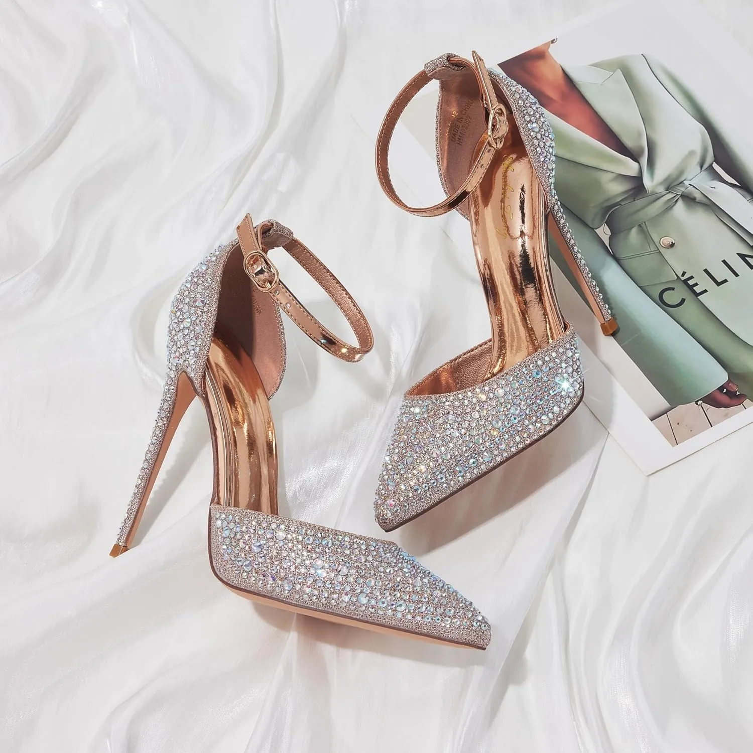 Elisabet Tang High Heels, Women Pumps D'Orsay Ankle Strap Pointed Toe Stiletto Heels Party Wedding Shoes