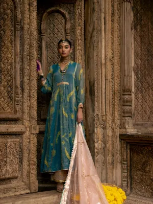 Fariba Moonlight Blue Printed Back Yoke Kurta Set