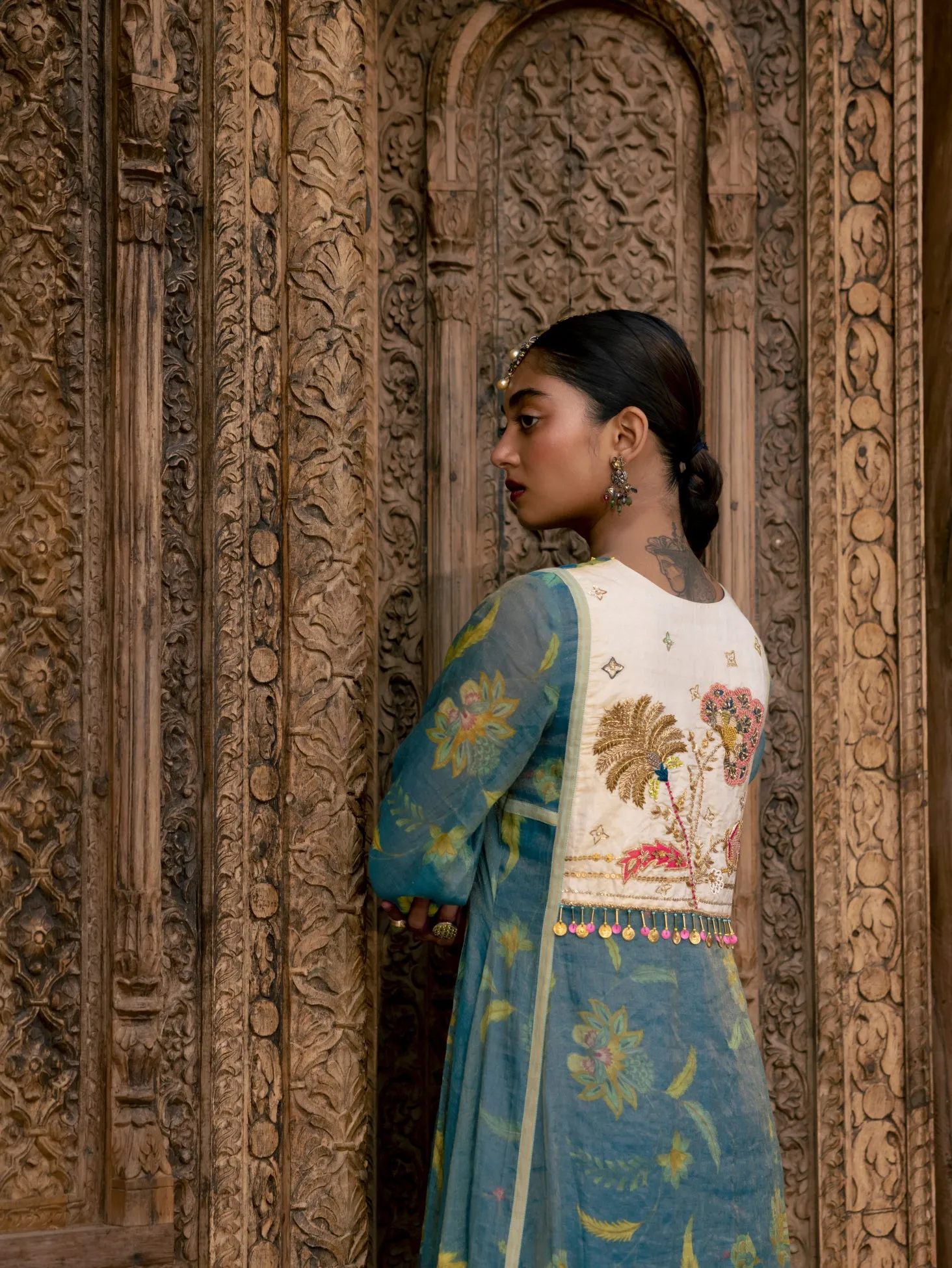Fariba Moonlight Blue Printed Back Yoke Kurta Set