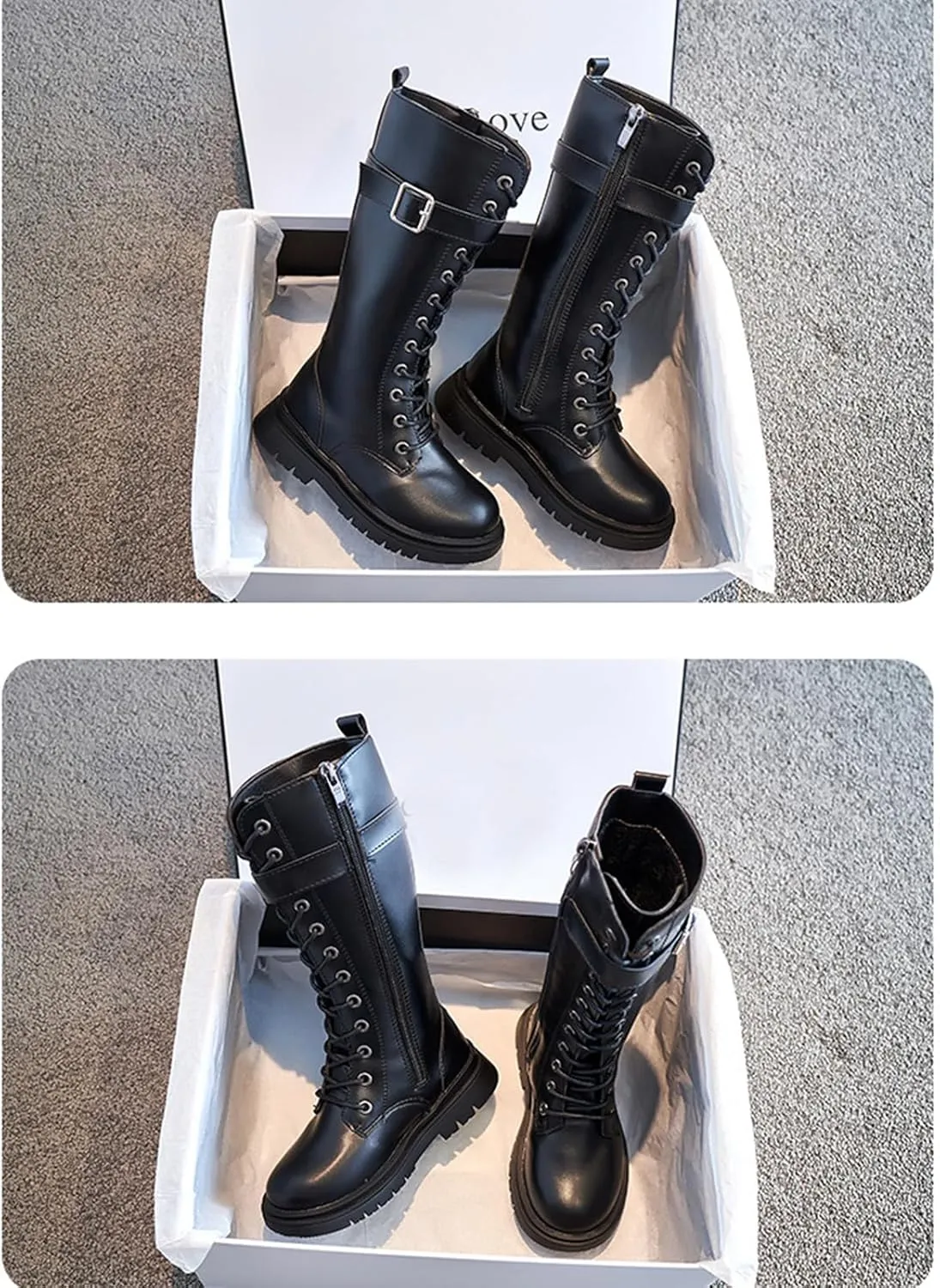 Girls Leather Warm Fur Fashion Riding Boots Winter Plus Velvet Round Toe Non-Slip Lace-Up Retro Knee-High Boots School Performance Ankle Boots