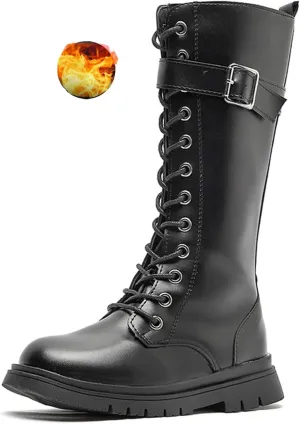 Girls Leather Warm Fur Fashion Riding Boots Winter Plus Velvet Round Toe Non-Slip Lace-Up Retro Knee-High Boots School Performance Ankle Boots
