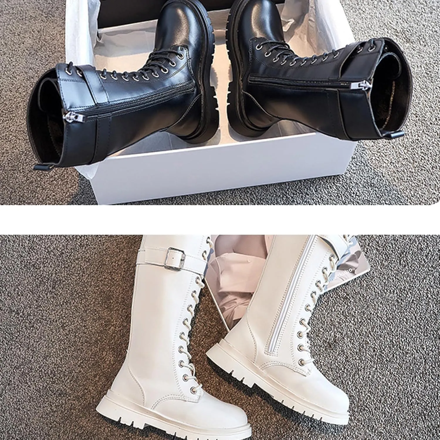 Girls Leather Warm Fur Fashion Riding Boots Winter Plus Velvet Round Toe Non-Slip Lace-Up Retro Knee-High Boots School Performance Ankle Boots