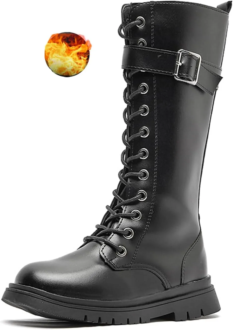 Girls Leather Warm Fur Fashion Riding Boots Winter Plus Velvet Round Toe Non-Slip Lace-Up Retro Knee-High Boots School Performance Ankle Boots