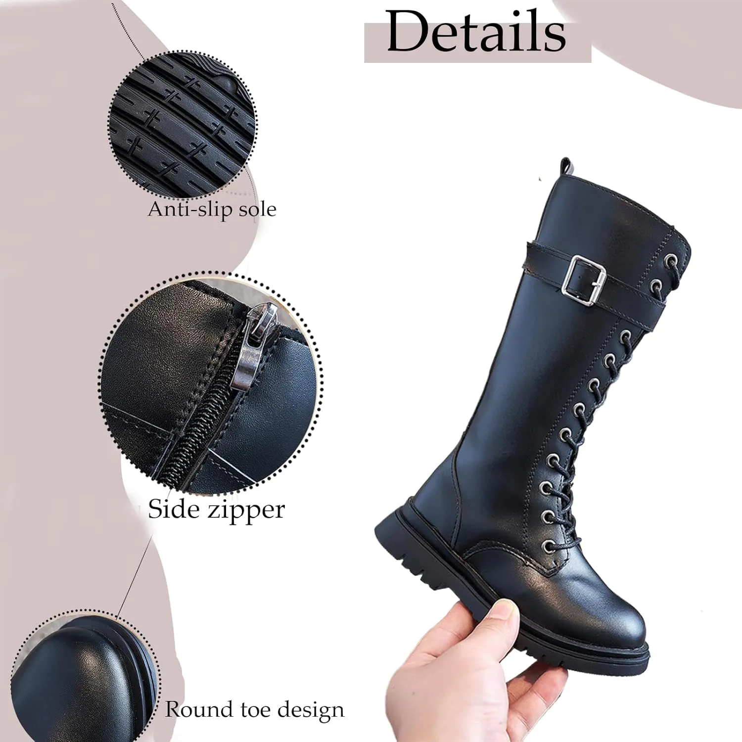 Girls Leather Warm Fur Fashion Riding Boots Winter Plus Velvet Round Toe Non-Slip Lace-Up Retro Knee-High Boots School Performance Ankle Boots