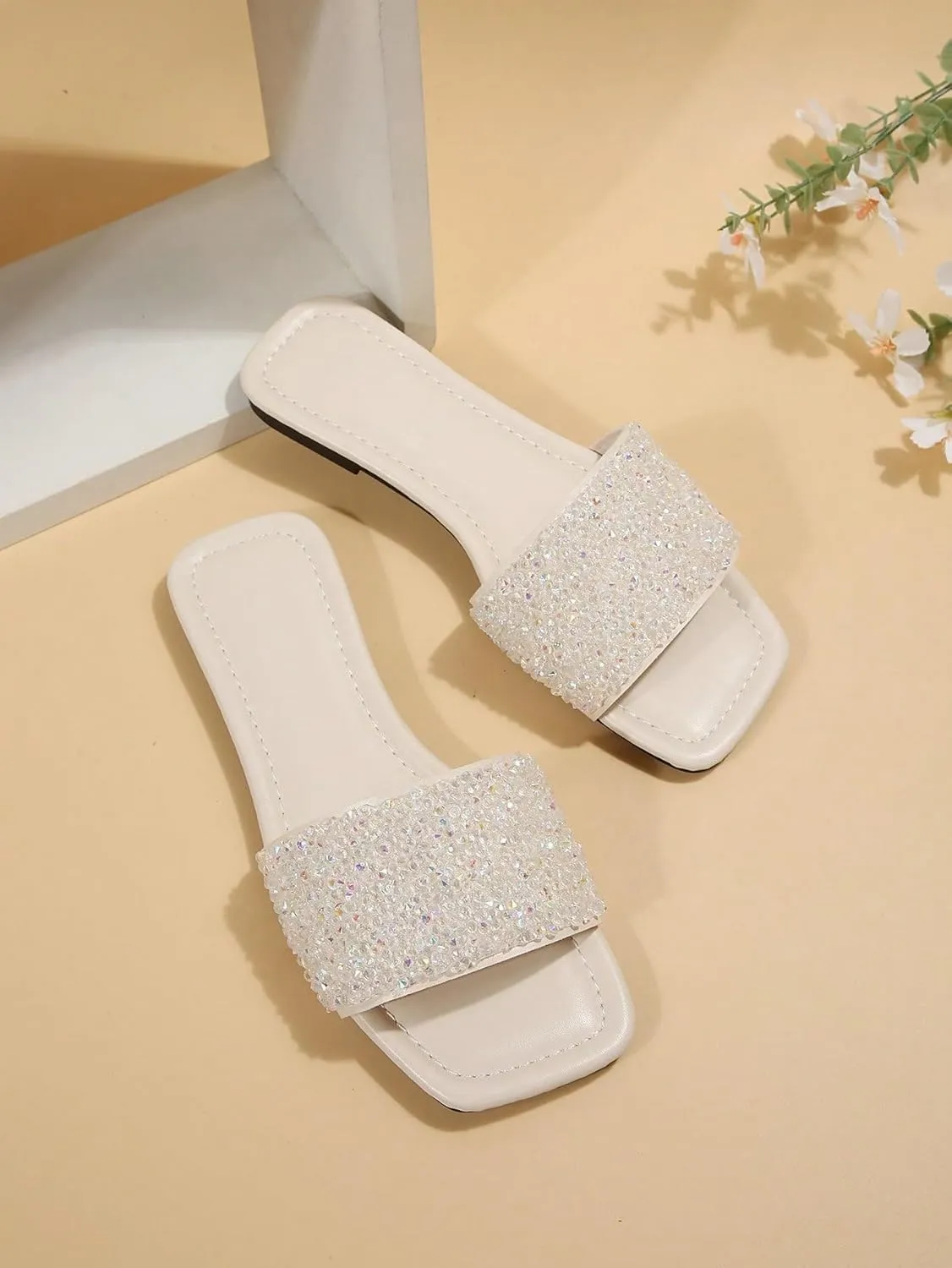 GORGLITTER Women's Rhinestone Sandals Glitter Strappy Sequin Shoes Square Toe Sparkly Flat Sandals