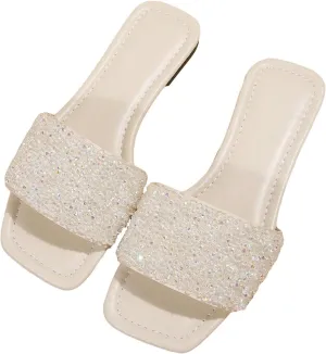 GORGLITTER Women's Rhinestone Sandals Glitter Strappy Sequin Shoes Square Toe Sparkly Flat Sandals
