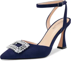 HEUIVZAR Women High Chunky Block Heel Pointed Toe Sandals Ankle Strap Diamond Crystal Buckle Wedding Dress Shoes