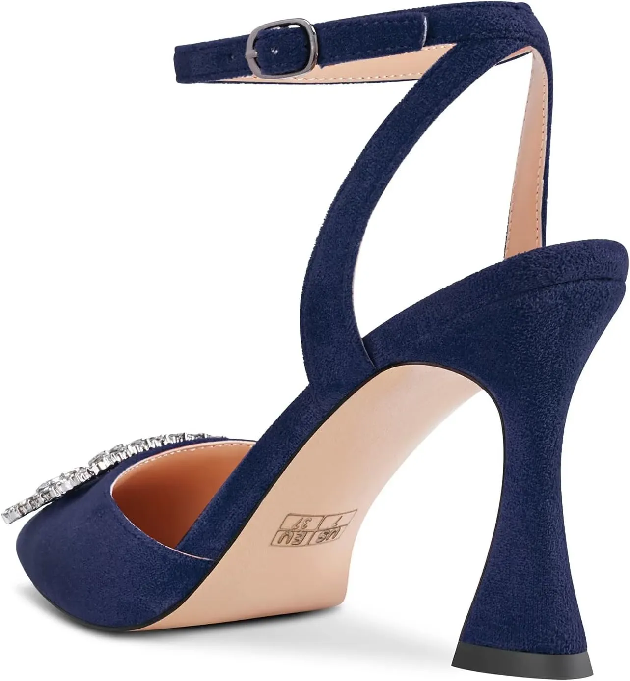 HEUIVZAR Women High Chunky Block Heel Pointed Toe Sandals Ankle Strap Diamond Crystal Buckle Wedding Dress Shoes