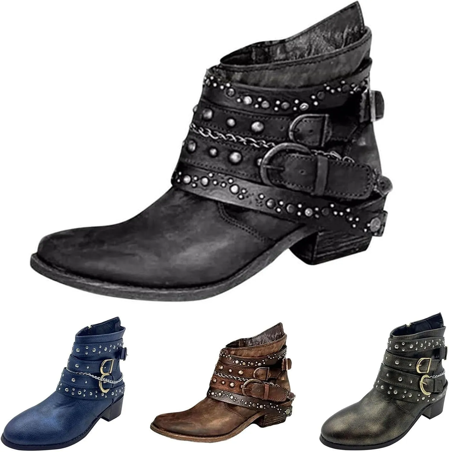 Hiking Boots Women Ankle Womens Booties Black Women Casual Boots Plantar Fasciitis Walking Boot Non Slip Slip On Cut Out Chunky Stacked Heel Slip on