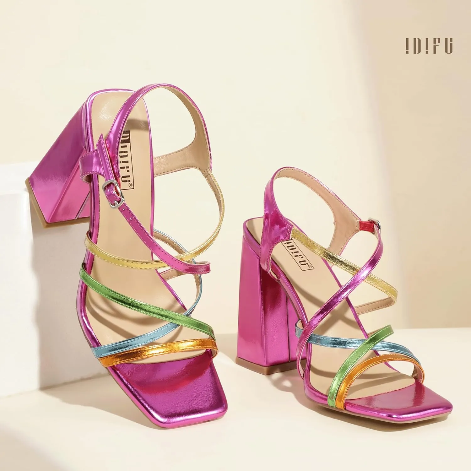 IDIFU IN4 High Strappy Heels Chunky Block Colorful Multicolor Dress Shoes for Women Bride Wedding Summer Prom Party Heeled Sandals Dressy Comfortable Sexy Cute Trendy Fun Square Open Toe Heels