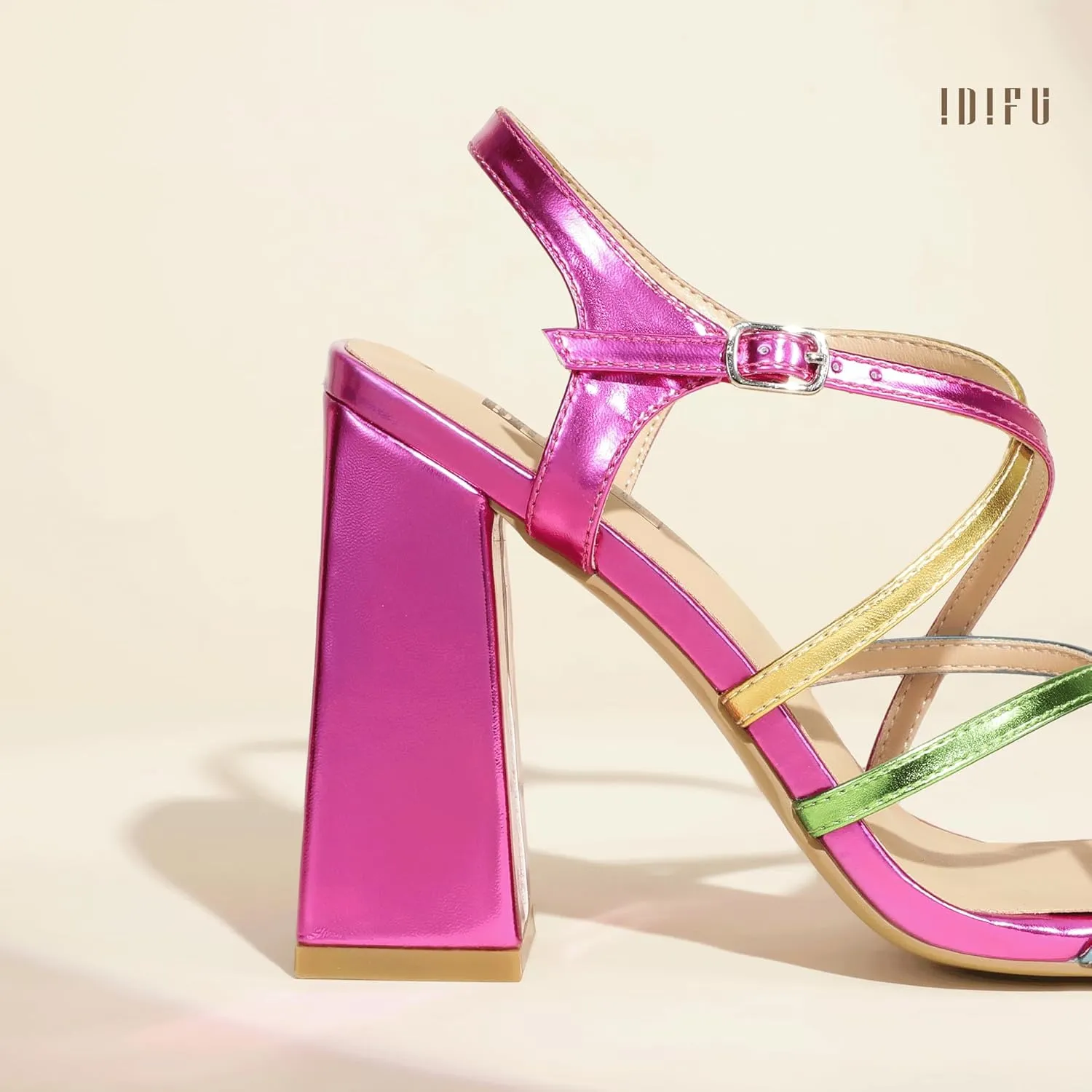 IDIFU IN4 High Strappy Heels Chunky Block Colorful Multicolor Dress Shoes for Women Bride Wedding Summer Prom Party Heeled Sandals Dressy Comfortable Sexy Cute Trendy Fun Square Open Toe Heels