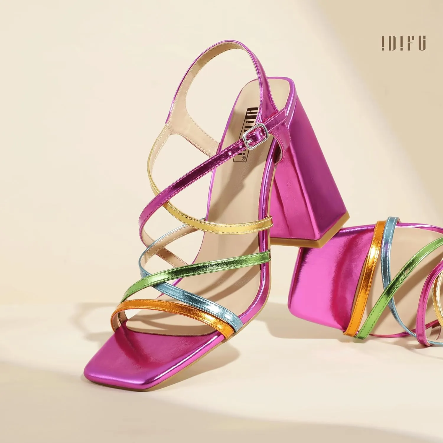 IDIFU IN4 High Strappy Heels Chunky Block Colorful Multicolor Dress Shoes for Women Bride Wedding Summer Prom Party Heeled Sandals Dressy Comfortable Sexy Cute Trendy Fun Square Open Toe Heels