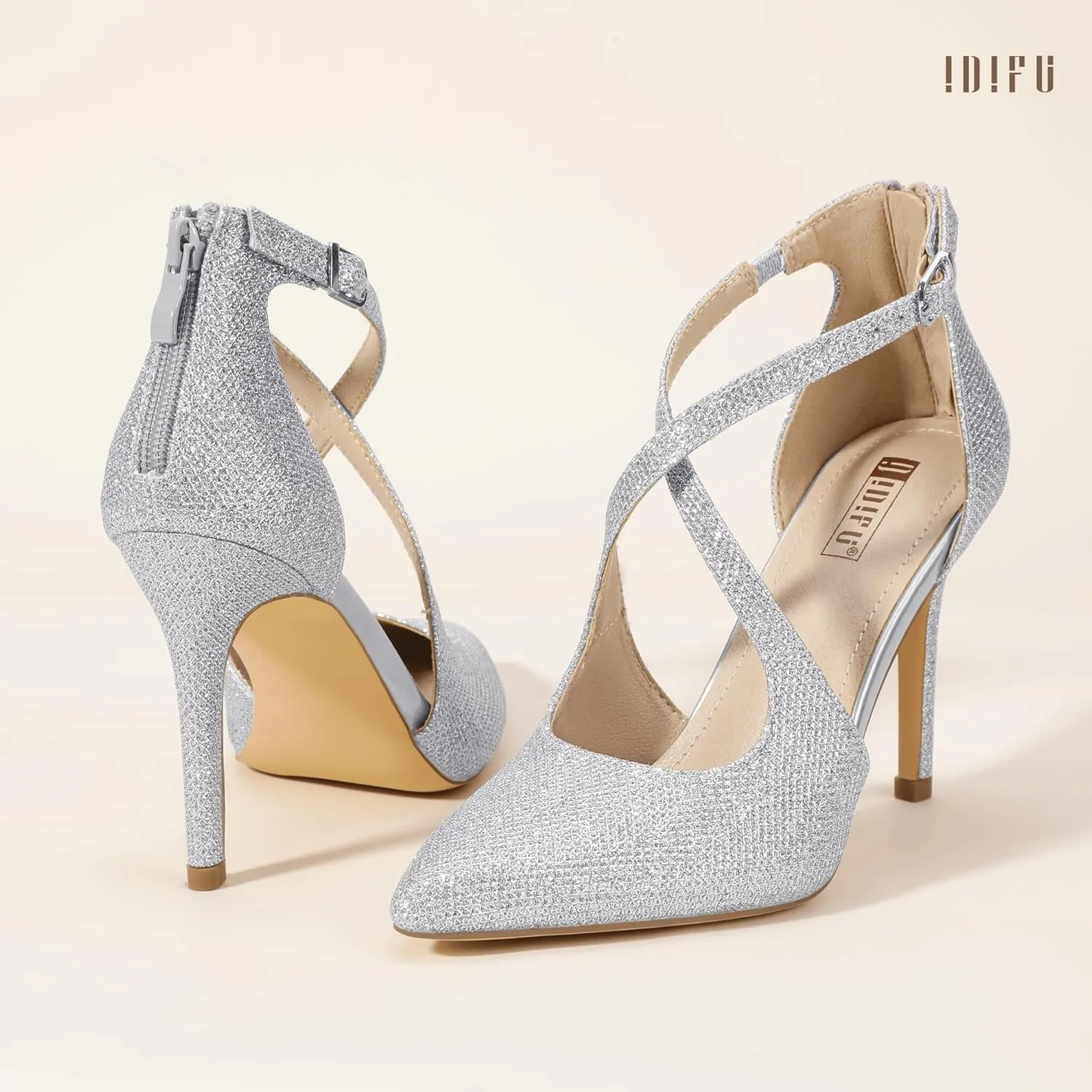 IDIFU IN4 Women's Pumps Closed Toe Stiletto Heels Strappy Wedding Bridal Office Homecoming Work Prom Dress Shoes Bride Comfortable Dressy Formal Pointed Toe Zip