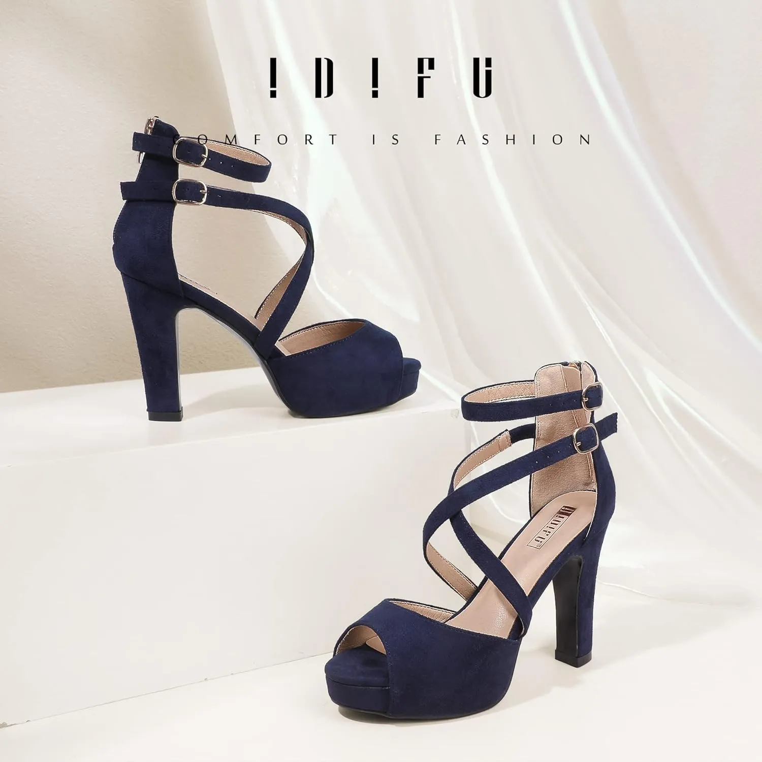 IDIFU Women's IN4 Platform Heels Strappy Chunky Heels For Women Dressy Peep Toe High Heels For Women Bridal Wedding Shoes For Bride On Evening Prom