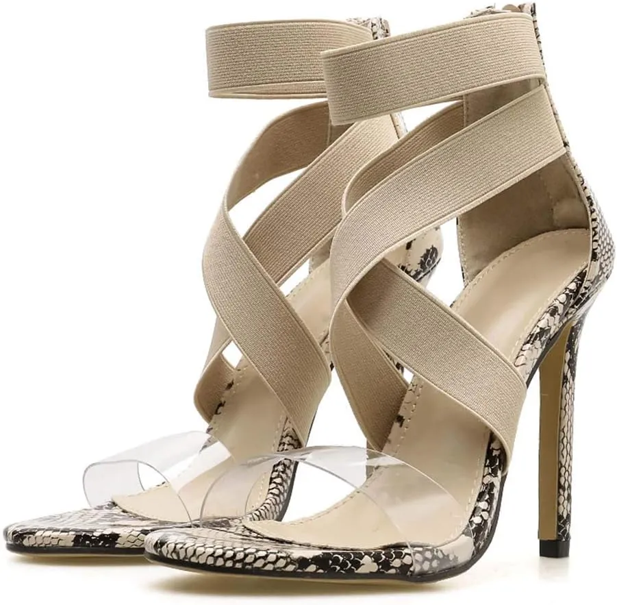 JOEupin Womens High Heels Sandals Ankle Strappy Clear Chunky Heels Dress Party Pumps Shoes