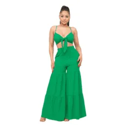 June Open Front Tie Top and Wide Flare Pants Set-Green